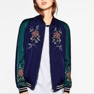 Zara Reversible Okinawa Bomber Blue Green Embroidered